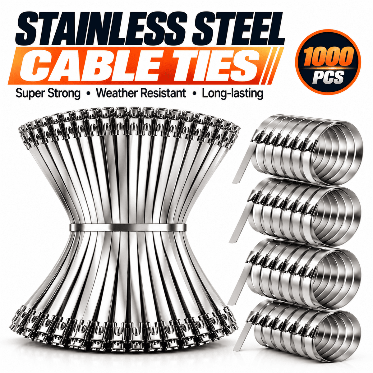 1000 PCS Heavy-Duty 304 Stainless Steel Zip Ties